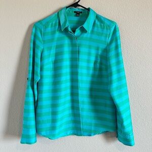 Ann Taylor Petite Blouse 6P Teal Green Striped Button Front